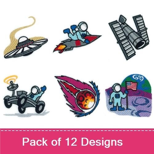 Space Adventure Embroidery Designs Bundle – Astronaut, Rocket Ship, UFO & More (12 Designs)
