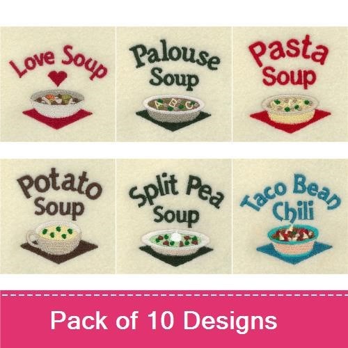 Hearty Soups & Chili Embroidery Designs Bundle – Chicken Noodle Soup, Friendship Soup, Love Soup & More (10 Designs)