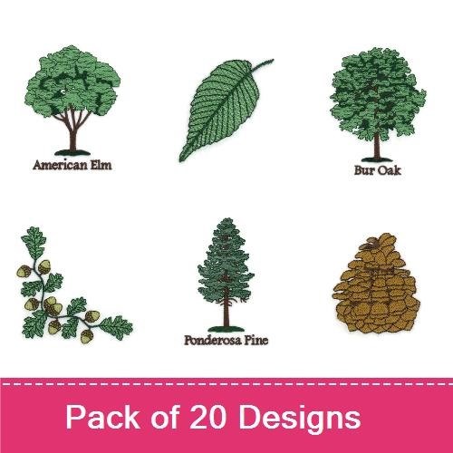 Trees and Foliage Embroidery Designs Bundle – American Elm, Blue Ash, Oak Leaves & More (20 Designs)