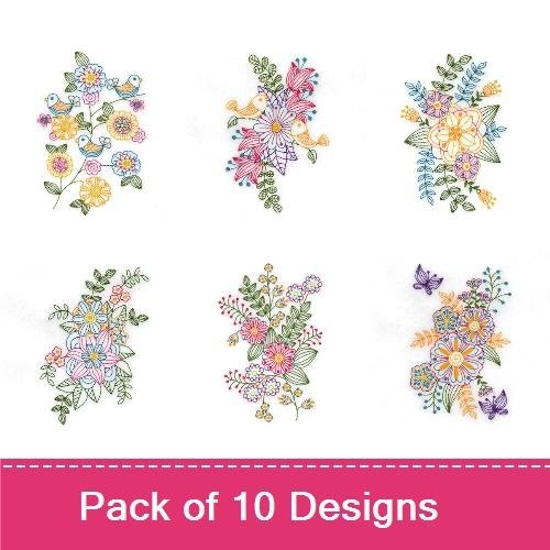 Floral & Bird Embroidery Designs Bundle – Birds and Flowers, Floral Bouquet with Birds & More (10 Designs)