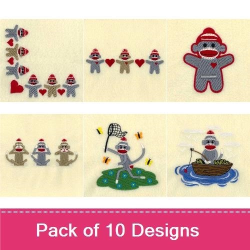 Sock Monkey Adventures Embroidery Designs Bundle – Sock Monkey with Hearts, Sock Monkey on a Boat, & More (10 Designs)