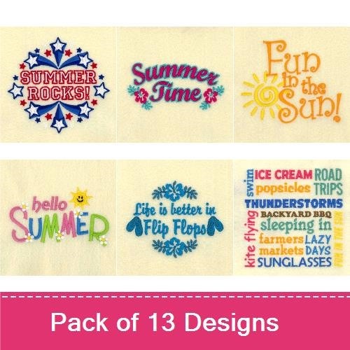 Summer Themed Embroidery Designs Bundle – I Love Summer Patch, Ice Cream Cone, Beach Umbrella & More (13 Designs)