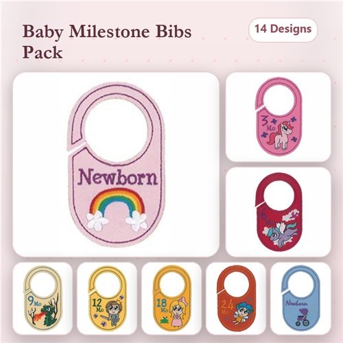 ITH Baby Milestone Bibs Embroidery Designs Bundle – Newborn Rainbow, 1 Month Animal, 2 Months Butterfly & More (14 Designs)