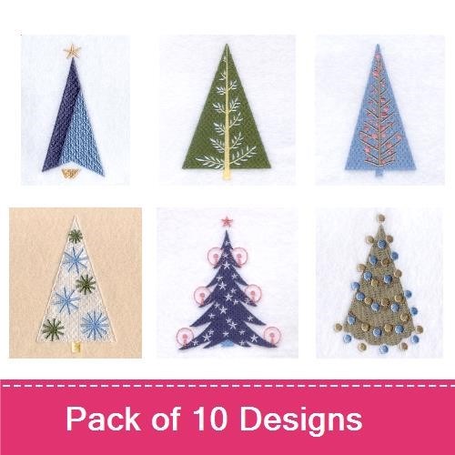 Modern Christmas Trees Embroidery Designs Bundle – Stylized Tree, Blue Holiday Tree, Geometric Gold Tree & More (10 Designs)