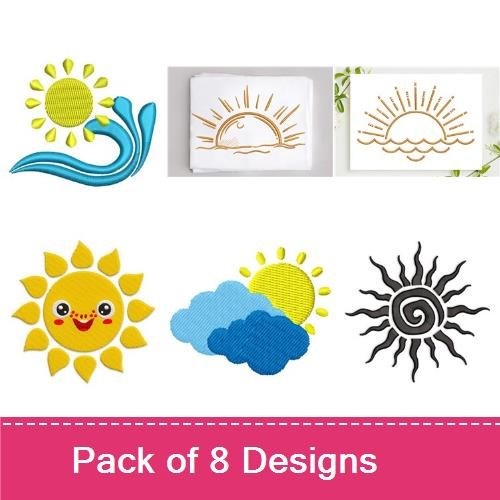 Sunny Day Embroidery Designs Bundle – Sun with Waves, Smiling Sun, Abstract Sun & More (8 Designs)