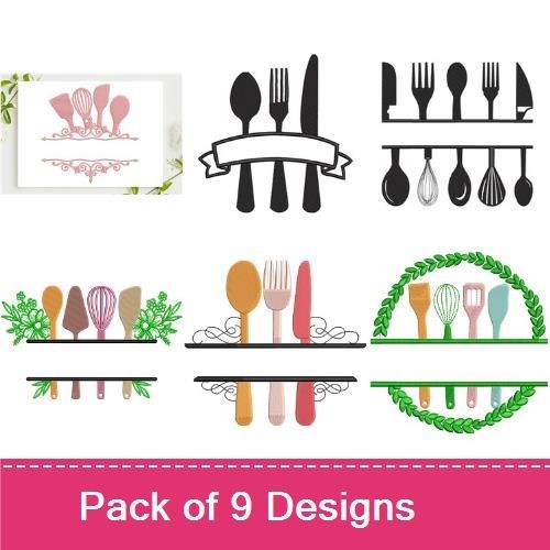 Kitchen Utensils Embroidery Designs Bundle – Spoon with Leaves, Whisk with Flowers, Spatula with Greenery & More (9 Designs)