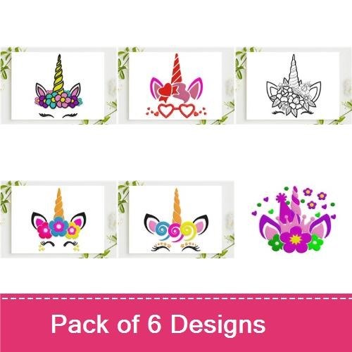 Colorful Unicorn Faces Embroidery Designs Bundle – Unicorn Face with Flowers, Unicorn Face with Hearts, & More (6 Designs)
