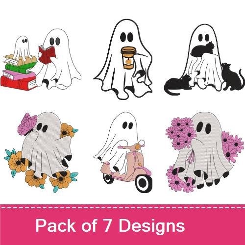 Cute Ghosts Embroidery Designs Bundle – Ghost with Coffee, Skateboarding Ghost, Ghost with Books & More (7 Designs)