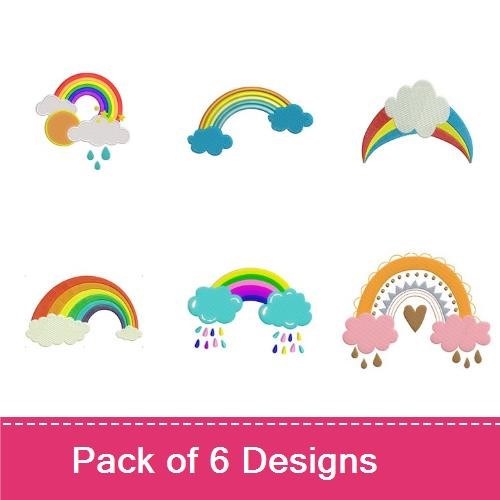 Rainbow & Cloud Embroidery Designs Bundle – Rainbow with Clouds, Rainbow with Hearts, & More (6 Designs)