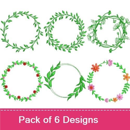Floral and Leafy Wreaths Embroidery Designs Bundle – Leafy Circular Wreath, Floral Wreath with Flowers, & More (6 Designs)