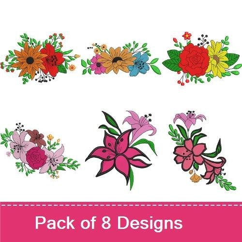 Colorful Floral Arrangements Embroidery Designs Bundle – Flower Bouquet with Sunflowers, Red Lily Arrangement, & More (8 Designs)
