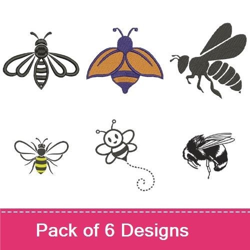 Bee-themed Embroidery Designs Bundle – Smiling Bee, Side View Bee, Bee with Wings & More (6 Designs)