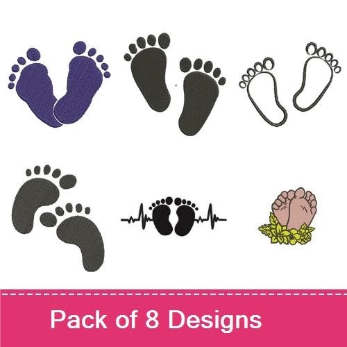 Baby Footprints Embroidery Designs Bundle – Footprint with Heart, Footprints in Purple, Footprints with Flowers & More (8 Designs)