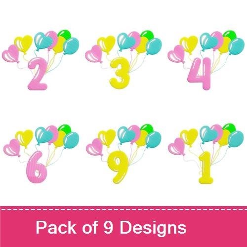 Colorful Birthday Numbers with Balloons Embroidery Designs Bundle – Number 2, Number 3, Number 4 & More (9 Designs)