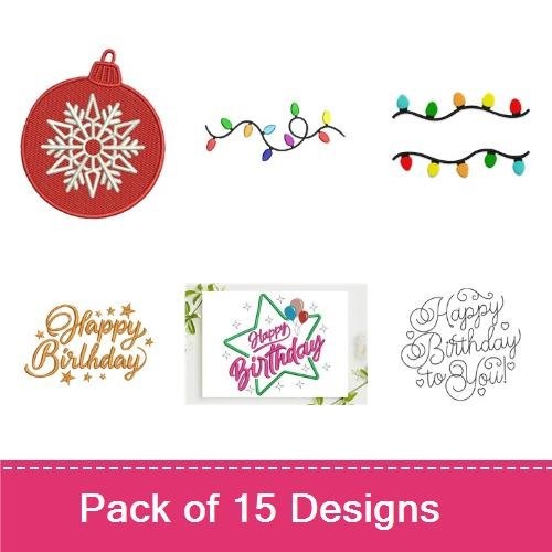 Birthday Celebration Embroidery Designs Bundle – Happy Birthday Star, Balloon, Celebration & More (6 Designs)