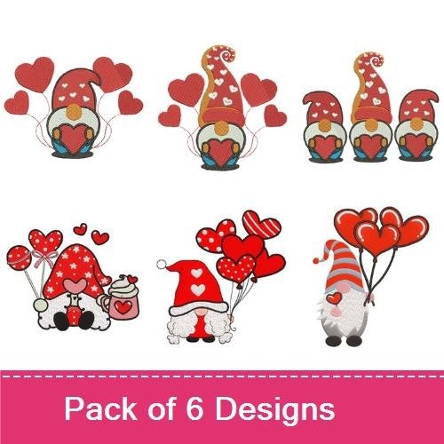 Valentine Gnomes with Hearts Embroidery Designs Bundle – Gnome with Cup, Gnome Holding Heart, Gnome with Balloons & More (6 Designs)