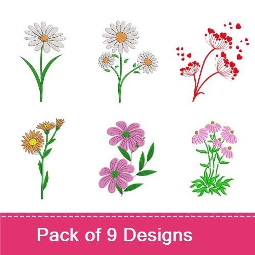 Floral Embroidery Bundle – Blue Flower, White Daisy, Yellow Daisy & More (9 Designs)