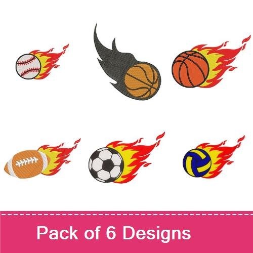 Flaming Sports Balls Embroidery Designs Bundle – Baseball, Basketball, Football, Soccer Ball & More (6 Designs)