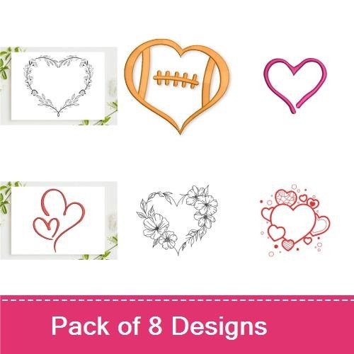 Heart Embroidery Designs Bundle – Floral Heart with Vines, Simple Heart Outline, Decorative Heart Shape & More (8 Designs)