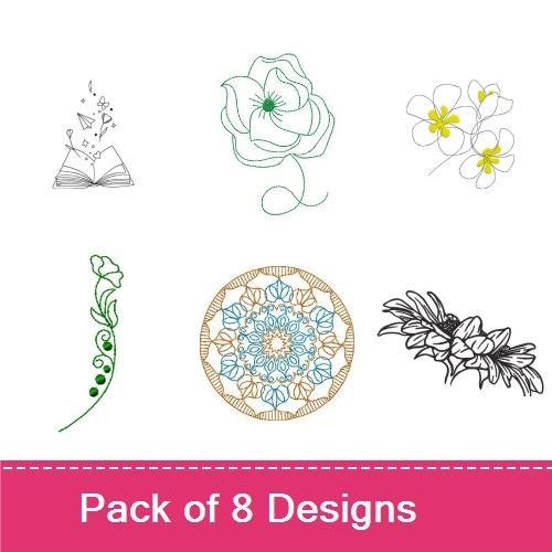 Redwork Whimsical Floral and Nature Embroidery Designs Bundle – Bee with Flowers, Sunflower, Mandala Flower & More (8 Designs)