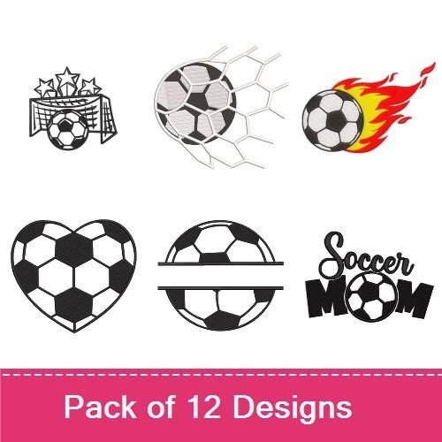 Soccer Themed Embroidery Designs Bundle – Soccer Goal, Soccer Ball, Soccer Mom Text & More (12 Designs)