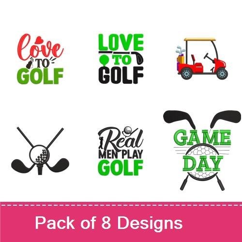 Golf-themed Embroidery Designs Bundle – Love to Golf, Golf Cart, Real Men Play Golf & More (8 Designs)
