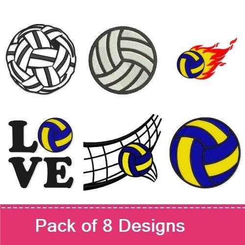 Volleyball Themed Embroidery Designs Bundle – Volleyball Heart, LOVE with Fire, Volleyball with Net & More (8 Designs)