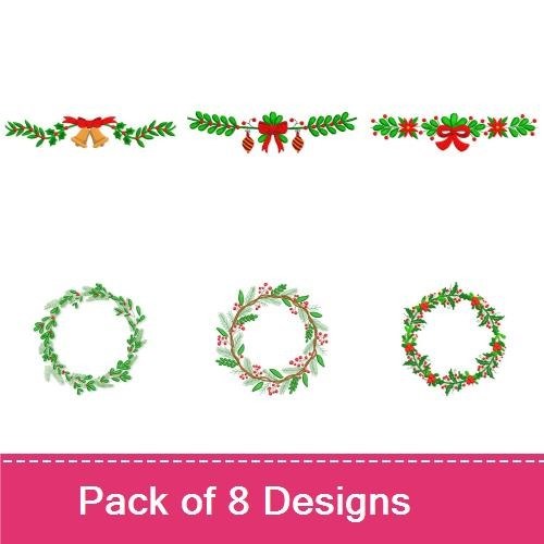 Festive Holiday Wreaths and Garlands Embroidery Designs Bundle – Wreath with Berries, Holly Garland, Christmas Bow & More (8 Designs)