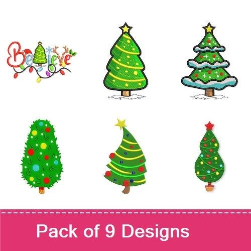 Christmas Tree Embroidery Designs Bundle – Christmas Tree with Star, Green Christmas Tree with Ornaments & More (9 Designs)