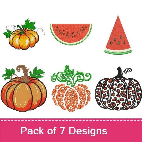 Autumn Pumpkins & Watermelon Embroidery Designs Bundle – Orange Pumpkin, Green Watermelon, Decorative Pumpkin & More (7 Designs)