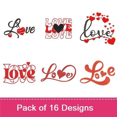 Love & Heart Embroidery Designs Bundle – Curly Love Text, Love Heart with Black Center, Elegant Love Text & More (16 Designs)