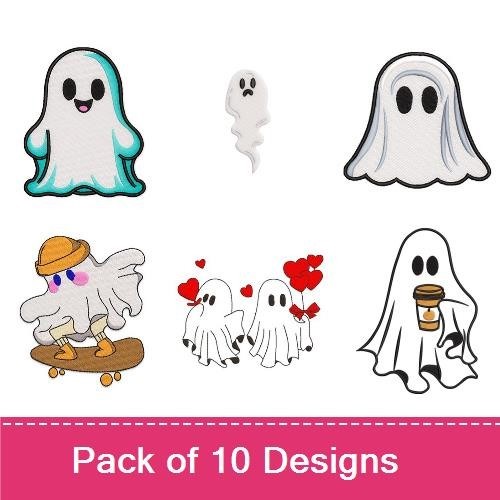 Cute Ghosts Embroidery Designs Bundle – Happy Ghost, Floating Ghost, Skateboarding Ghost & More (10 Designs)