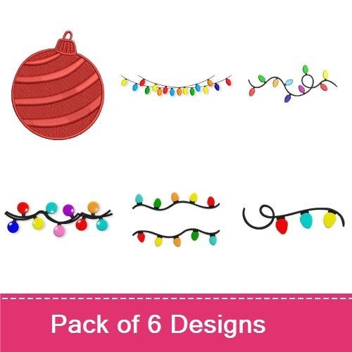 Holiday Lights Embroidery Bundle – String of Colorful Lights, Red Christmas Ornament & More (6 Designs)