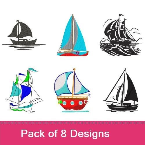 Sailboat Embroidery Designs Bundle – Colorful Sailboat, Black and White Sailboat, Sailing Ship & More (8 Designs)