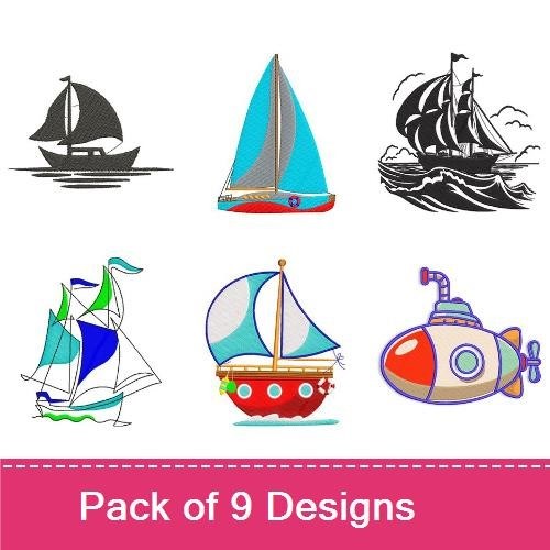 Nautical Sailing Boats Embroidery Designs Bundle – Sailboat with Blue Sail, Red Sailboat, Black Sailing Ship & More (9 Designs)