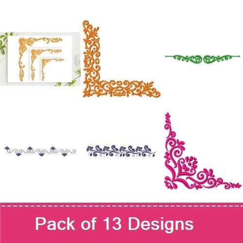 Elegant Floral Embroidery Designs Bundle – Floral Border with Leaves, Ornate Floral Corner, Curly Floral Vine & More (13 Designs)