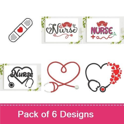 Nurse Embroidery Designs Bundle – Nurse Text with Hat, Heart with Stethoscope, Script Nurse with Heart & More (6 Designs)