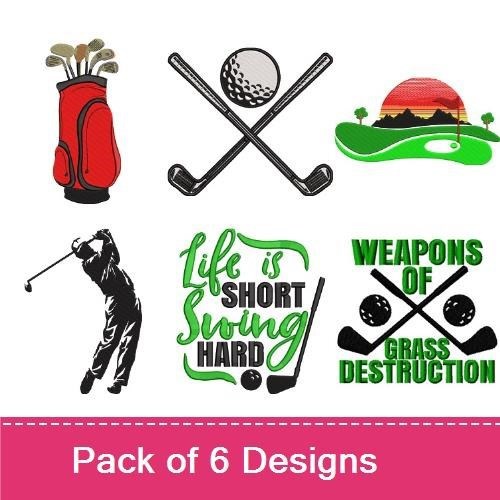 Golf Humor Embroidery Designs Bundle – Golf Bag with Clubs, Golfing Silhouette, Life is Short Swing Hard & More (6 Designs)