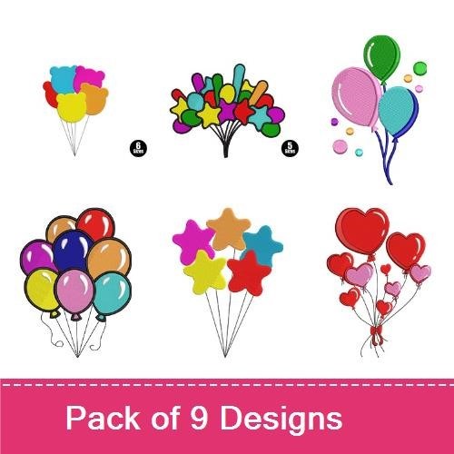 Colorful Balloon Embroidery Designs Bundle – Blue Balloon, Red Balloon, Pink Heart Balloon & More (9 Designs)