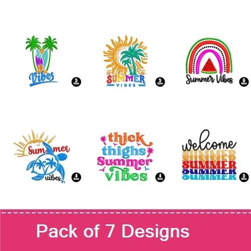 Bright Summer Vibes Embroidery Designs Bundle – Sun with Palm Trees, Rainbow, Text Vibes & More (7 Designs)