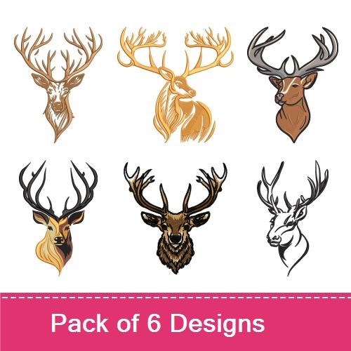 Majestic Deer Embroidery Bundle – Deer Head with Antlers, Elegant Deer Silhouette, Detailed Deer Face & More (6 Designs)