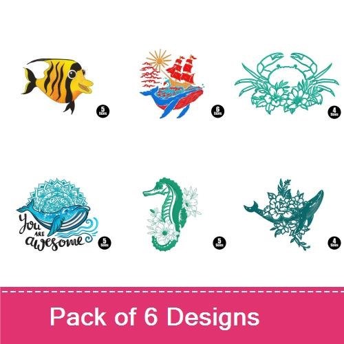 Ocean Life Embroidery Designs Bundle – Crab with Flowers, Tropical Fish, Sailing Ship & More (6 Designs)