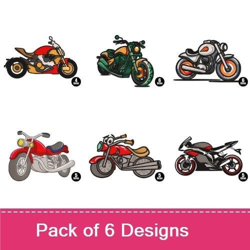 Colorful Motorcycles Embroidery Designs Bundle – Chopper Motorcycle, Sportbike Motorcycle, Cruiser Motorcycle & More (6 Designs)