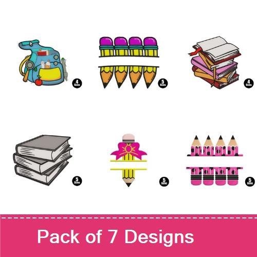 Back to School Essentials Embroidery Designs Bundle – Backpack with Supplies, Pencil Cup with Apple, Stack of Books & More (7 Designs)