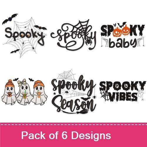 Halloween Characters & Spooky Text Embroidery Designs Bundle – Spooky Baby, Ghosts with Hats, Spooky Vibes & More (6 Designs)