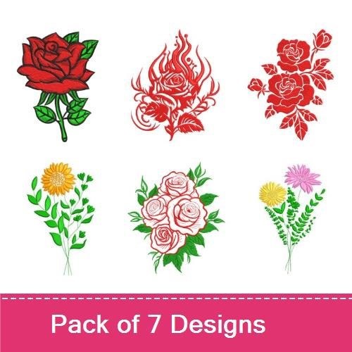 Floral Embroidery Designs Bundle – Red Rose, Wildflower Arrangement, Pink Floral Bouquet & More (7 Designs)