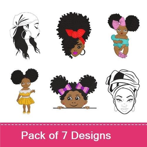 Afro Chic Hairstyles Embroidery Designs Bundle – Girl with Scarf, Girl with Red Bow, Girl with Flowers & More (7 Designs)