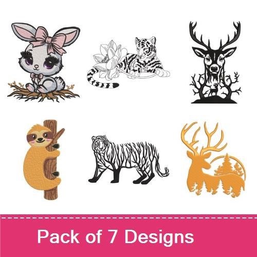 Whimsical Wildlife Embroidery Designs Bundle – Cartoon Rabbit, Tiger with Plants, Deer Family & More (7 Designs)