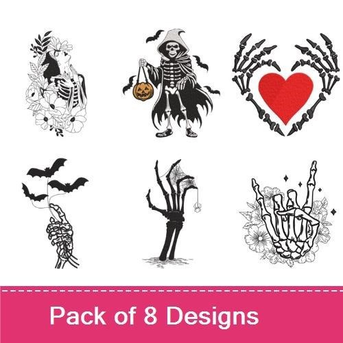 Halloween Skeletons Embroidery Designs Bundle – Skeleton with Pumpkin, Skeleton Dance, Skeleton in Cloak & More (8 Designs)