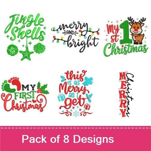 Festive Christmas Quotes Embroidery Designs Bundle – Merry and Bright, Jingle Shells, My 1st Christmas & More (8 Designs)